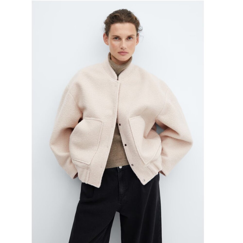 Mango XS Oversized Textured Bomber Jacket in Ecru